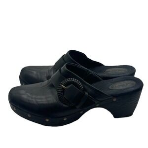 Clarks Artisan Black Women's Mules Size 7 Studded Sides Buckle Leather Upper